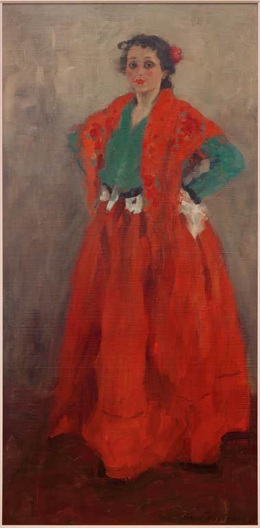 Alexej von Jawlensky Helene im spanischen Kostüm Kunstkopie – Frau in rotem Kleid und Schultertuch vor Grau