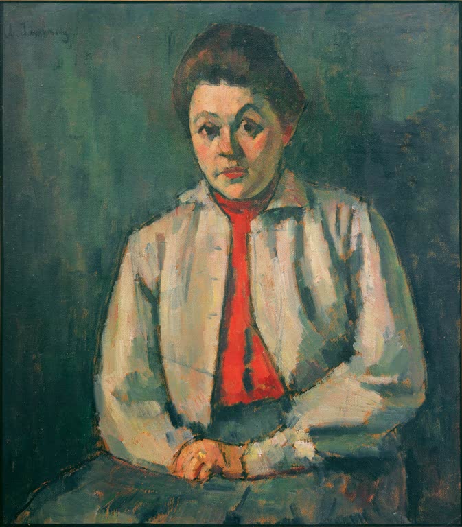 Alexej von Jawlensky Helene mit roter Weste Kunstkopie: Sitzende Frau in heller Bluse mit rotem Band vor grünem Hintergrund
