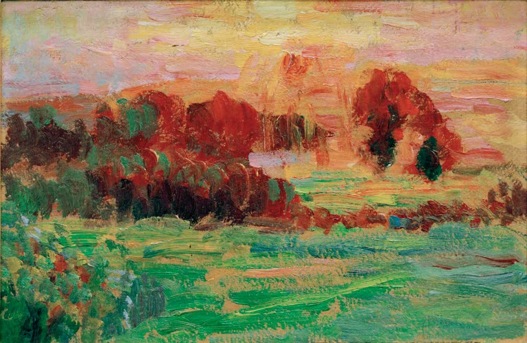 Alexej von Jawlensky Herbstabend Kunstkopie: Wiese mit rotbraunen Herbstbäumen im goldenen Abendlicht