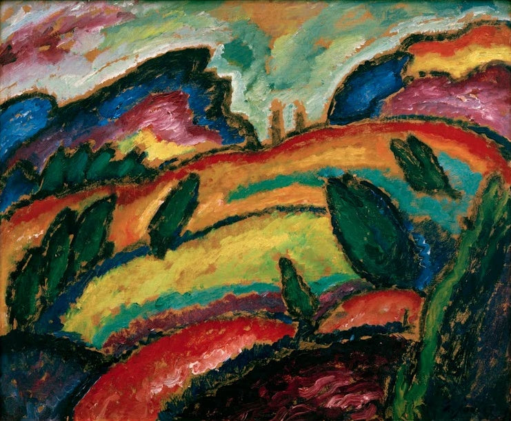 Alexej von Jawlensky Hügel Kunstkopie, farbenfrohe Hügellandschaft in Gelb, Orange und Grün mit Zypressen