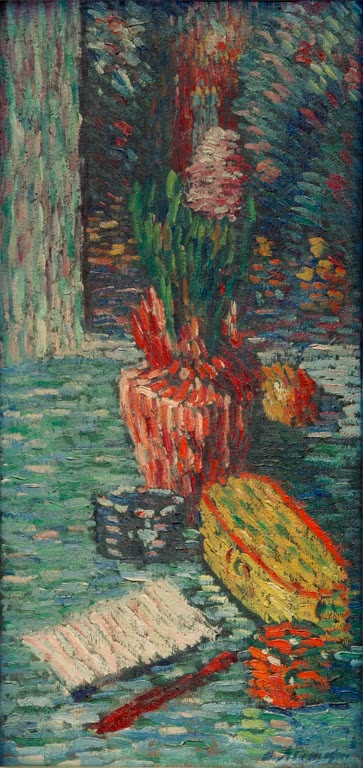 Hyazinthe im roten Topf, Buch und Früchte auf blaugrünem Tisch – Alexej von Jawlensky Hyazinthe länglich Kunstkopie