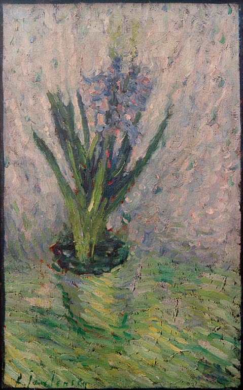 Blau blühende Hyazinthe im Topf vor fliederfarbenem, getupftem Hintergrund – Alexej von Jawlensky Hyazinthe Kunstkopie