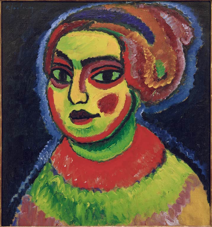 Mädchen mit grünem Gesicht, buntem Turban und grünem Kragen vor Dunkelblau – Alexej von Jawlensky Infantin Kunstkopie