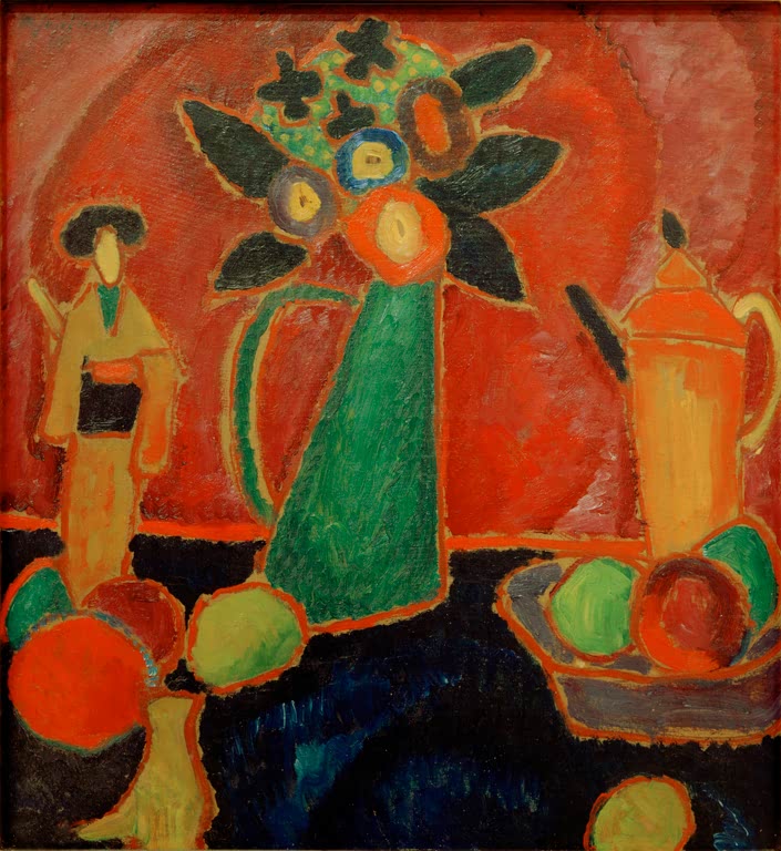 Blumenvase, Kanne, Früchte und Figur auf Tisch vor rotem Grund – Alexej von Jawlensky Japanische Blume Kunstkopie
