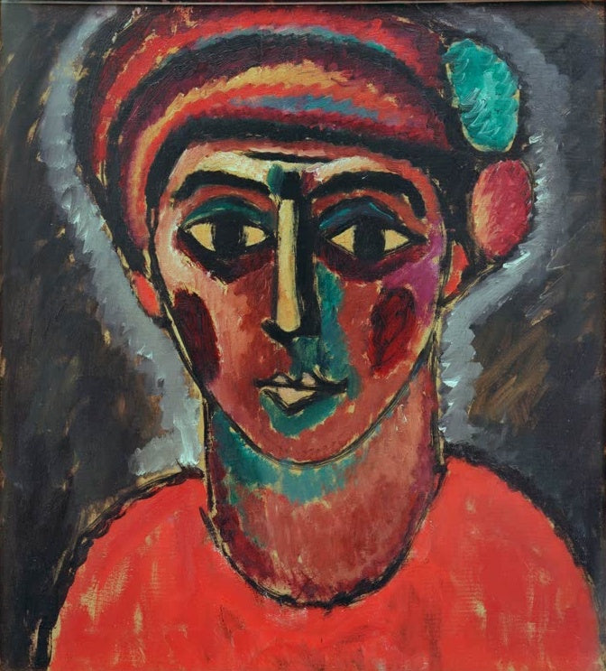 Mann mit rot gestreiftem Turban und dunklen Augen in rotem Gewand – Alexej von Jawlensky Jünglingskopf Herakles Kunstkopie