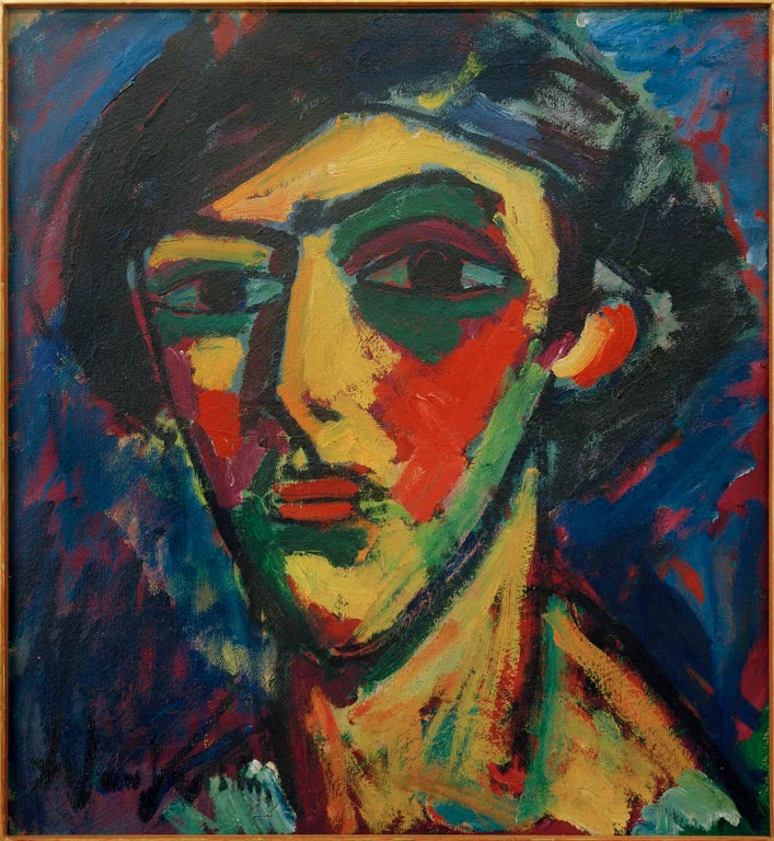 Junger Mann mit Mütze, gelbgrünem Gesicht und dunklen Augen vor Blau – Alexej von Jawlensky Jünglingskopf Kunstkopie