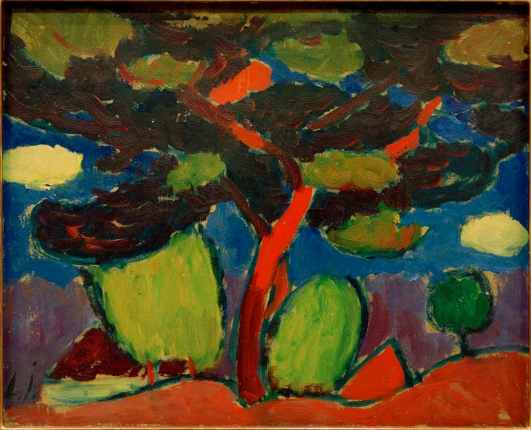 Alexej von Jawlensky Kiefer Kunstkopie – Dunkle Kiefer mit rotem Stamm vor blauem Himmel und grünen Büschen