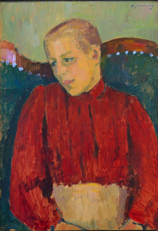 Alexej von Jawlensky Kind auf dem Sofa Kunstkopie – Knabe in rotem Pullover auf grünem Sofa mit gesenktem Blick