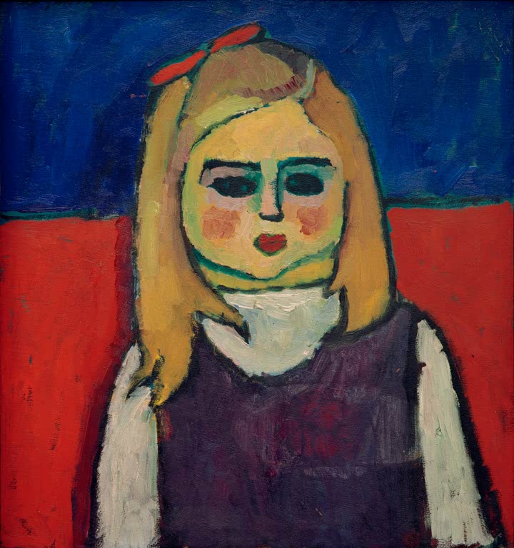 Mädchen mit blonden Haaren, roter Schleife und violetter Schürze vor Blau und Rot – Alexej von Jawlensky Kind Kunstkopie