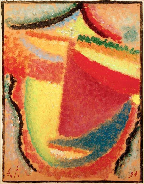 Abstraktes Gesicht in Rot, Gelb, Grün und Blau, getupft – Alexej von Jawlensky Kleiner abstrakter Kopf Kunstkopie