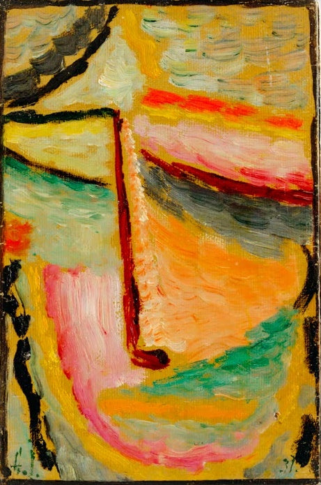 Abstraktes Gesicht in Orange, Gelb, Grün und Rosa – Alexej von Jawlensky Kleiner Abstrakter Kopf Kunstkopie