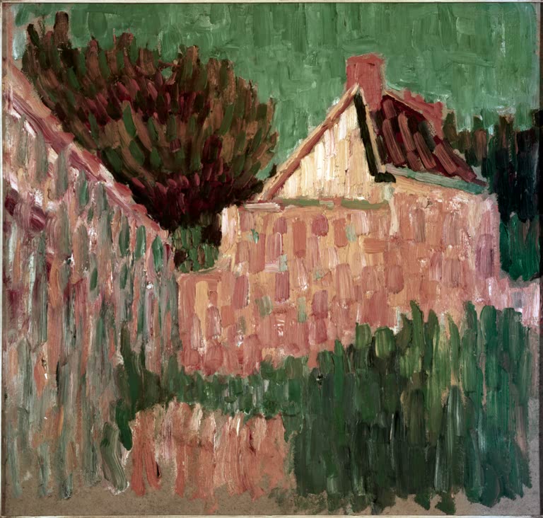 Kleines Haus hinter Busch und Zaun in Rosa und Grün – Alexej von Jawlensky Kleines Haus vor Buschwerk Kunstkopie