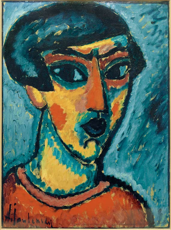 Figur mit dunklem Pony und schwarzen Augen vor türkisblauem Grund – Alexej von Jawlensky Kopf in Blau Kunstkopie
