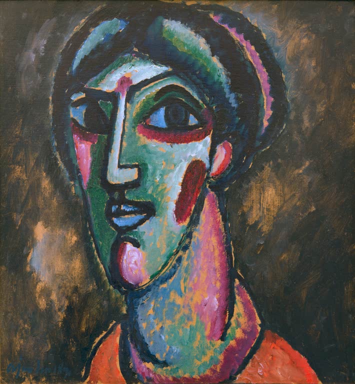 Grünblauer Kopf mit dunklem Haar vor Braun – Alexej von Jawlensky Kopf in Schwarz und Grün Kunstkopie