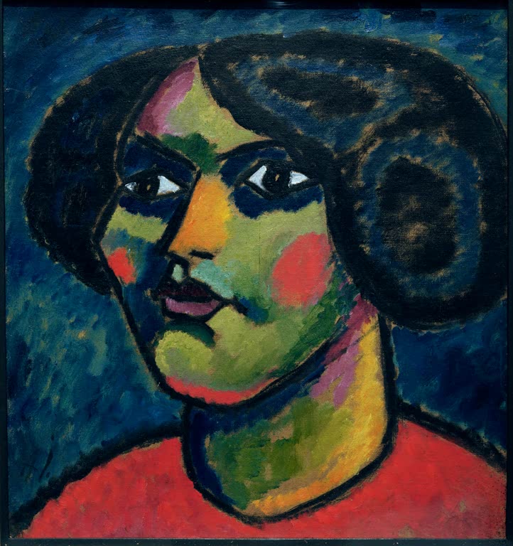 Alexej von Jawlensky Kopf mit Augenweiß Kunstkopie – Frauenkopf mit schwarzem Haarkranz und grünlichem Gesicht vor Blau