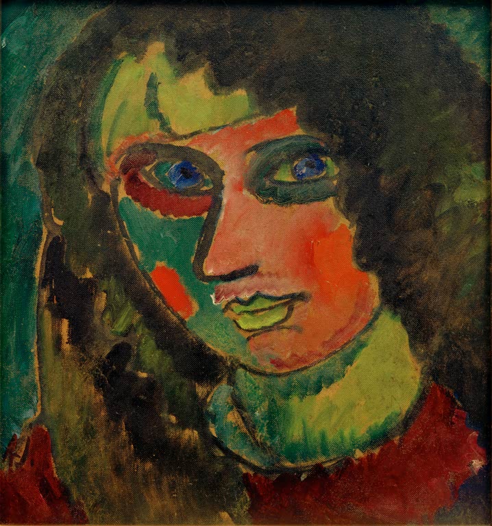 Kopf mit dunklem Haar, grünem Schal und blauen Augen in gedämpften Farben – Alexej von Jawlensky Kopf mit Schal Kunstkopie