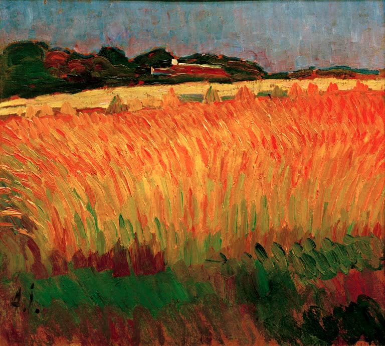 Orangefarbenes Kornfeld vor Gehöft und dämmrigem Himmel – Alexej von Jawlensky Kornfeld bei Carantec Kunstkopie