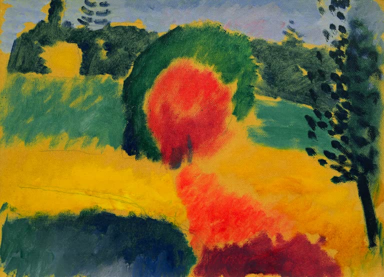 Alexej von Jawlensky Kornfeld Kunstkopie: Gelbes Feld mit rotem Busch und grünen Baumgruppen