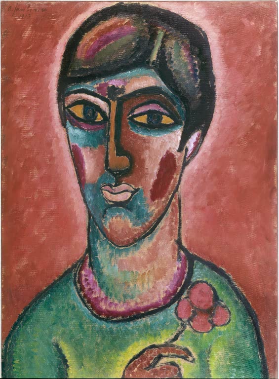 Frau mit kurzem dunklem Haar, grünem Oberteil und Blüte vor rosa Grund – Alexej von Jawlensky Kreolin Kunstkopie