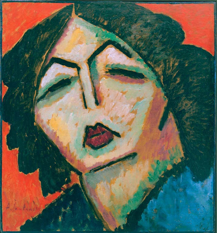 Frau mit schwarzem Haar, geschlossenen Augen und roten Lippen vor rotem Grund – Alexej von Jawlensky La Cocotte Kunstkopie