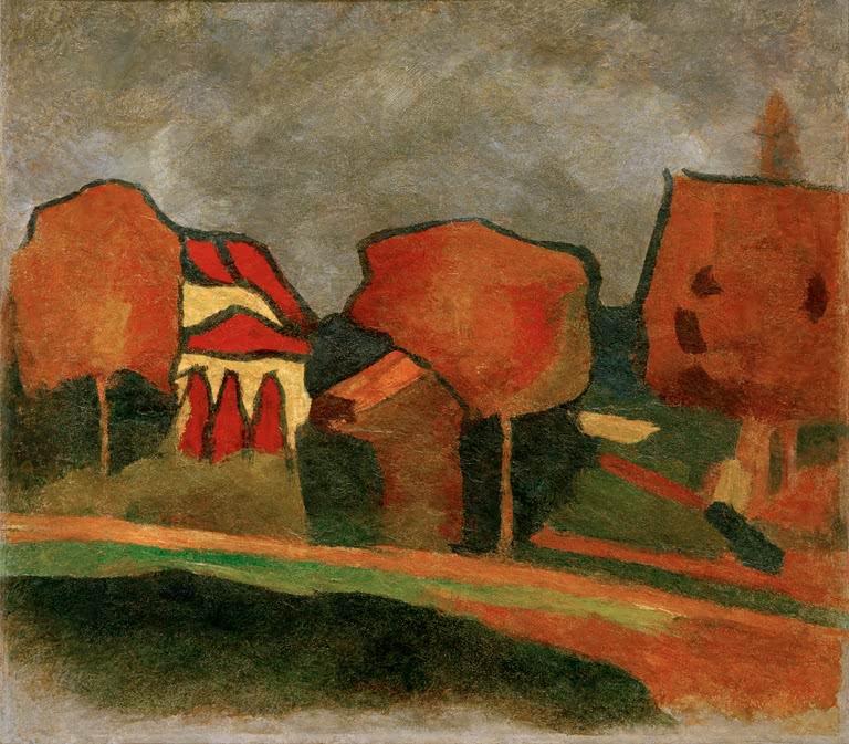 Rotbraune Bäume und Häuser an grüner Wiese unter grauem Himmel – Alexej von Jawlensky Landschaft bei Murnau Kunstkopie