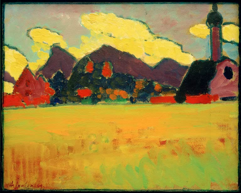Gelbes Feld vor Bergen, Kirchturm und roten Dächern – Alexej von Jawlensky Landschaft bei Murnau Kunstkopie