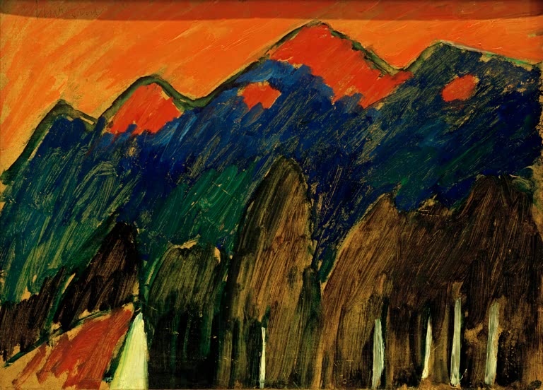 Blaue Berge unter orangem Himmel mit braunen Wäldern – Alexej von Jawlensky Landschaft bei Murnau Kunstkopie