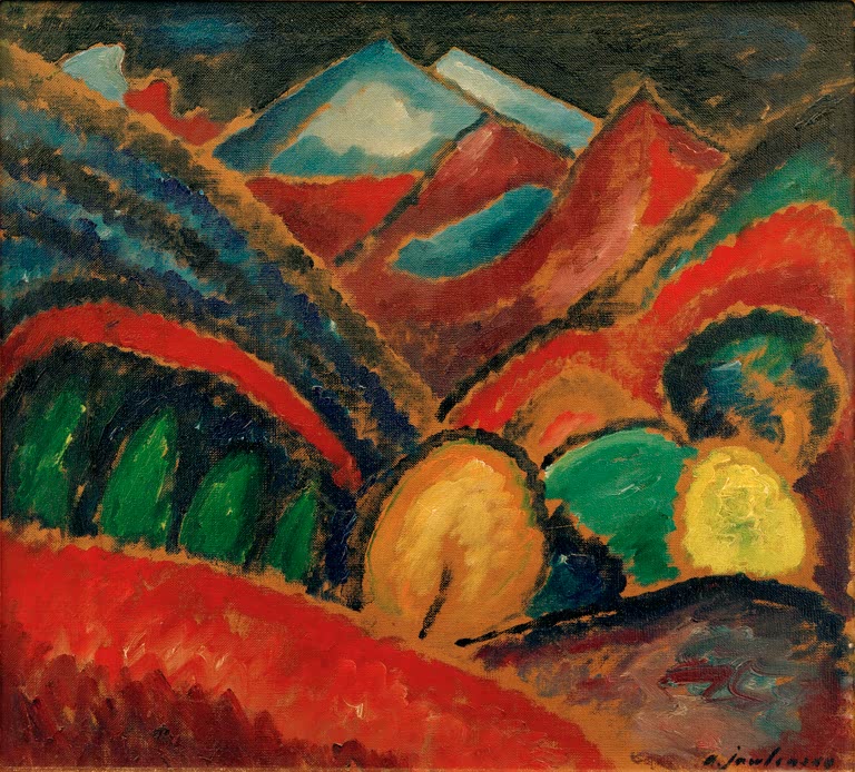 Rote Hügel und Berge mit gelben Bäumen – Alexej von Jawlensky Landschaft bei Oberstdorf – Herbst Kunstkopie
