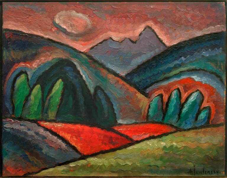 Alexej von Jawlensky Landschaft bei Oberstorf Kunstkopie – Grüne Hügel und rotes Feld unter rosa Himmel