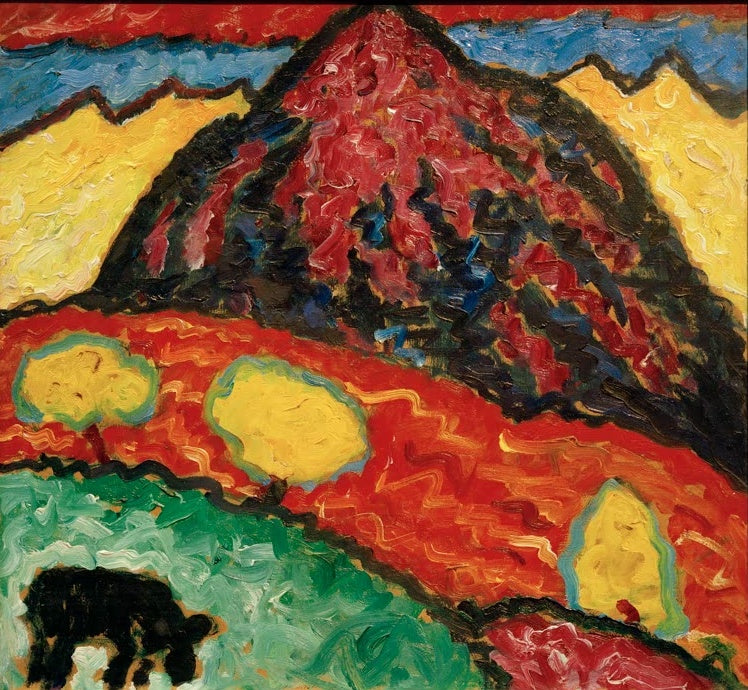 Roter Berg über Wiesen mit schwarzer Kuh, gelbe Hügel – Alexej von Jawlensky Landschaft mit Kuh Kunstkopie