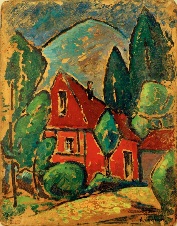 Alexej von Jawlensky Landschaft mit rotem Haus Kunstkopie – Rotes Haus zwischen grünen Bäumen vor Bergen