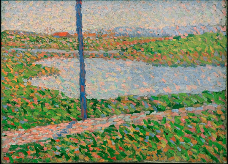 See mit Telegrafenmast und gepunkteten Wiesen in feinen Farbtupfern – Alexej von Jawlensky Landschaft mit See Kunstkopie