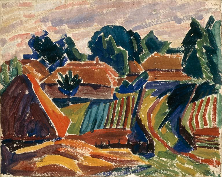Alexej von Jawlensky Landschaft Kunstkopie: Dörfliche Landschaft mit Dächern, Bäumen und Feldern