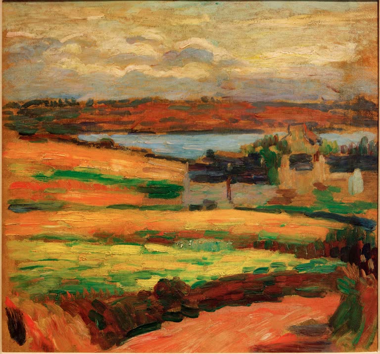 Weite Landschaft mit Feldern in Orange und Grün, See und Gehöft – Alexej von Jawlensky Landschaft Kunstkopie