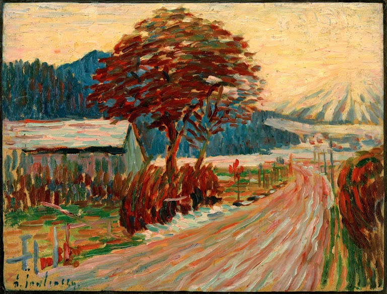 Verschneite Landstraße mit Baum und Haus vor Bergen im Abendlicht – Alexej von Jawlensky Landstraße in Füssen Kunstkopie