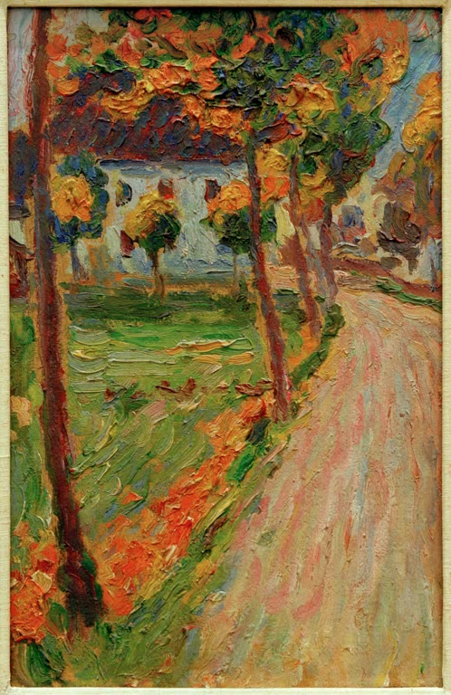 Landstraße unter Bäumen mit orangem Laub und weißem Haus – Alexej von Jawlensky Landstraße Kunstkopie
