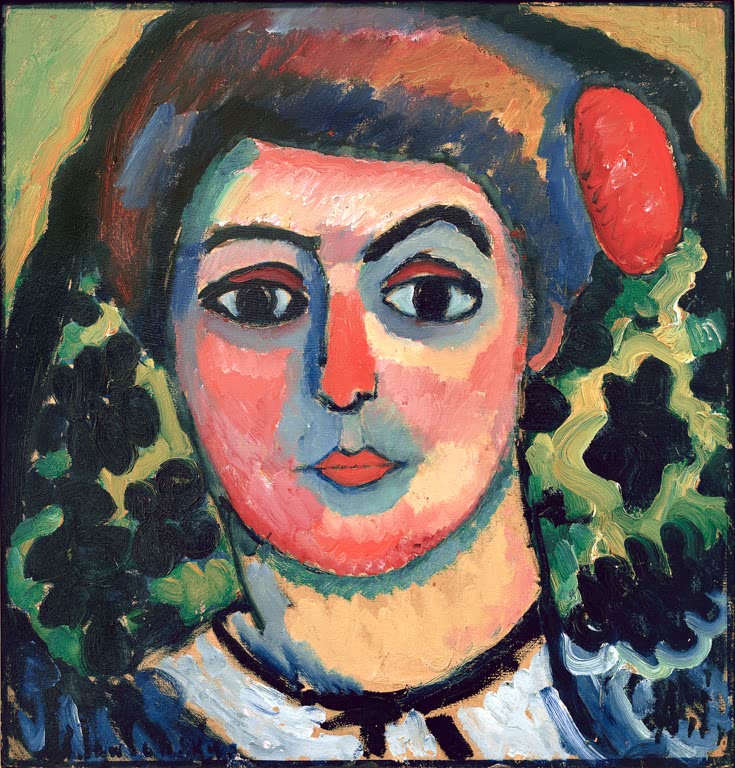 Mädchen mit großen Augen, roter Blüte im Haar und geblümtem Tuch – Alexej von Jawlensky Lola Kunstkopie