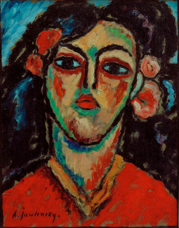 Alexej von Jawlensky Lolita Kunstkopie: Mädchen mit dunklem Haar, Blumen im Haar und roter Bluse vor Blau
