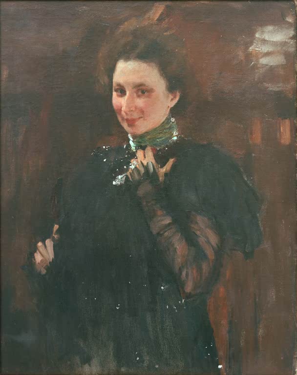 Lächelnde Frau in dunklem Spitzenkleid vor braunrotem Hintergrund – Alexej von Jawlensky Madame Olive Kunstkopie
