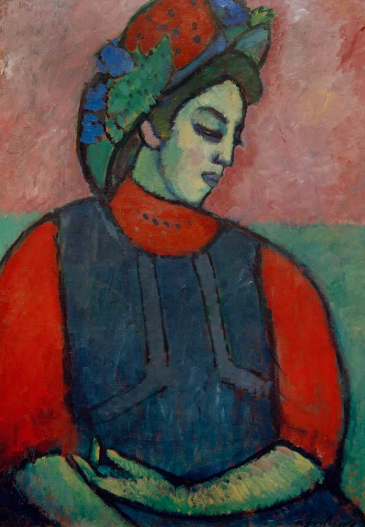 Mädchen mit Blumenhut, blauer Schürze und gesenktem Blick – Alexej von Jawlensky Mädchen mit grauer Schürze Kunstkopie