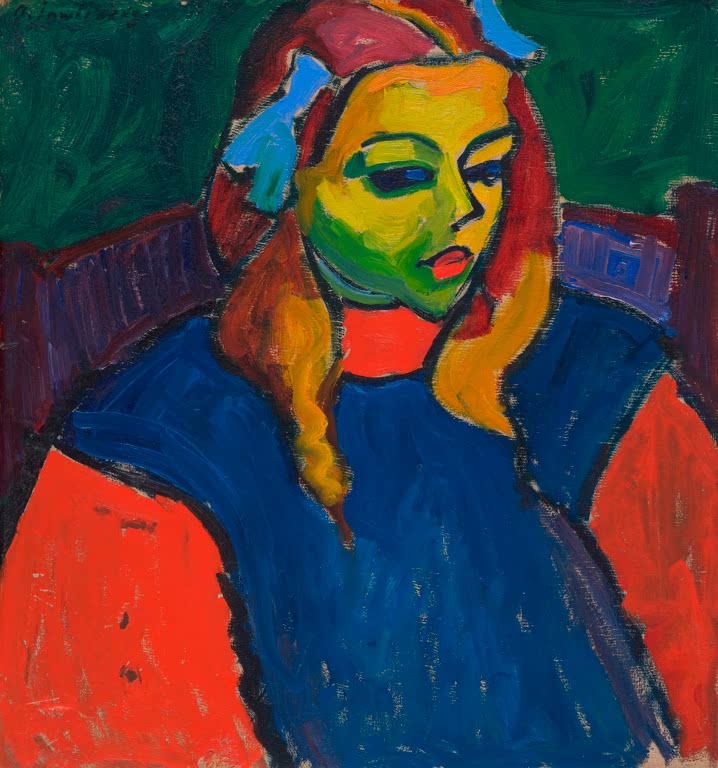 Mädchen mit grünem Gesicht, blauen Schleifen und blauem Kleid – Alexej von Jawlensky Mädchen mit grünem Gesicht Kunstkopie