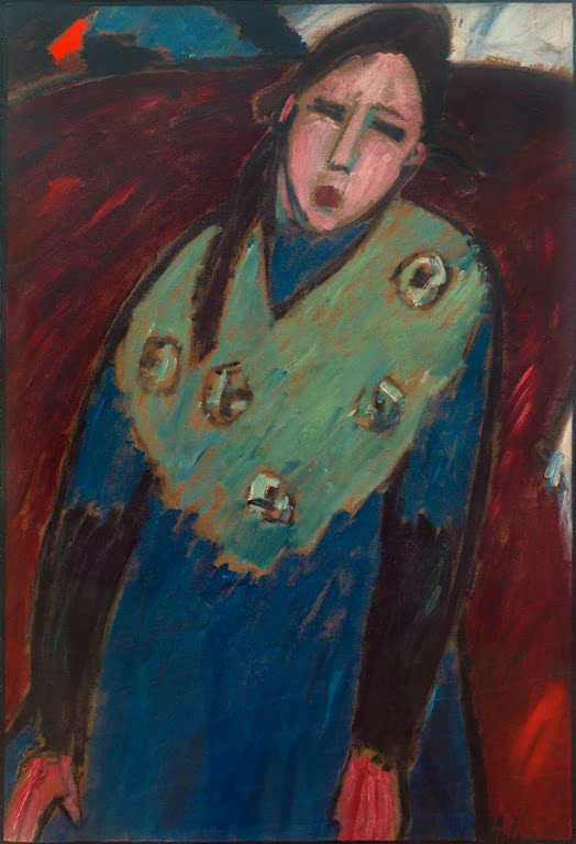 Alexej von Jawlensky Mädchen mit grüner Stola Kunstkopie, Porträt in Blau und Rot mit grüner Stola und Broschen