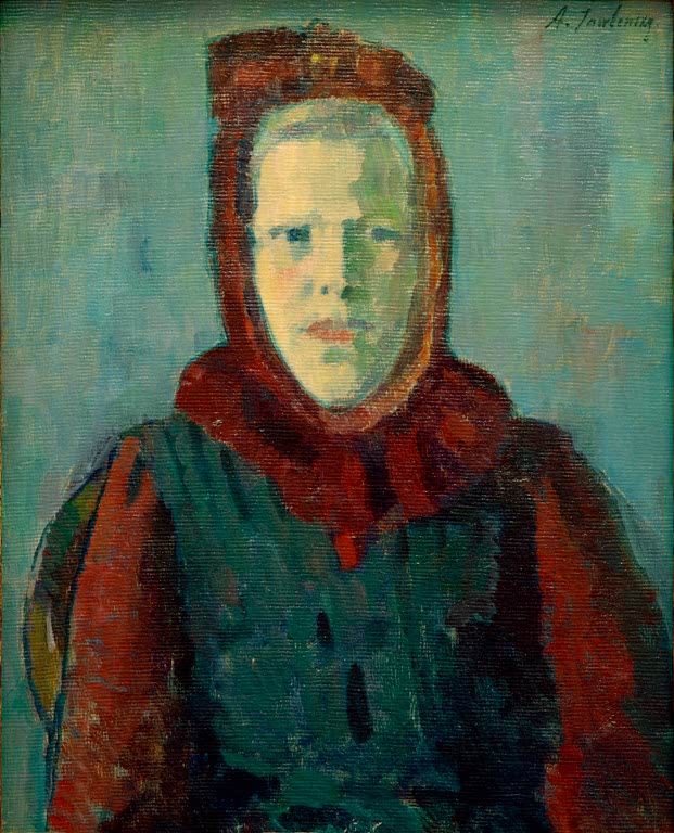 Alexej von Jawlensky Mädchen mit Haube Kunstkopie: Frau mit rotem Kopftuch und gelblichem Gesicht in dunkler Weste