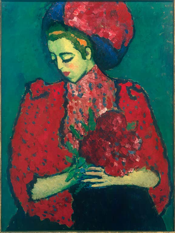 Mädchen mit roter Mütze und Bluse hält Pfingstrosen vor Grün – Alexej von Jawlensky Mädchen mit Pfingstrosen Kunstkopie