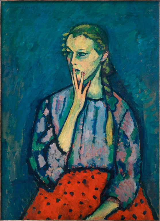 Mädchen mit Zöpfen und blauer Bluse, die Hand am Kinn, roter Rock – Alexej von Jawlensky Mädchenbildnis Kunstkopie