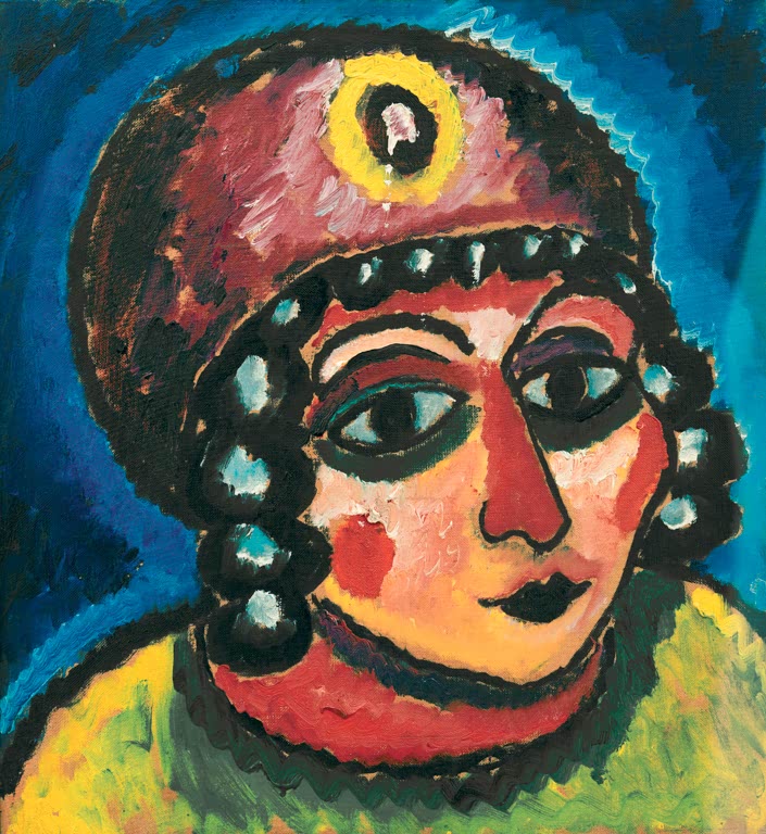 Mädchen mit rotem Turban, gelber Agraffe und schwarzen Locken – Alexej von Jawlensky Mädchenkopf mit rotem Turban Kunstkopie