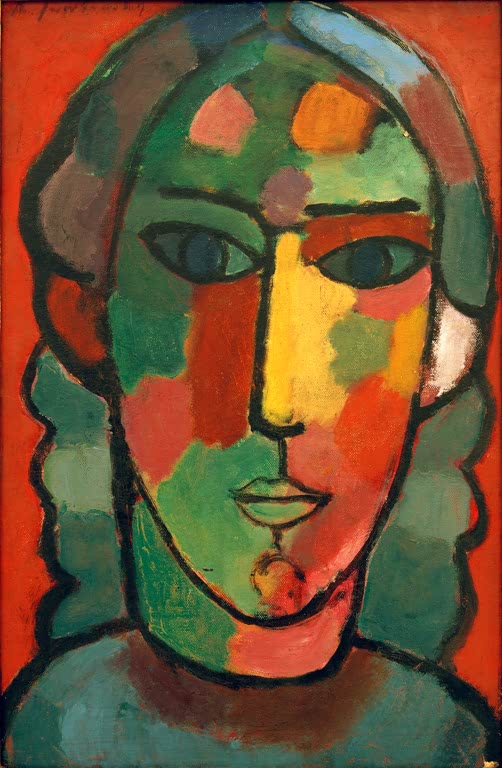 Alexej von Jawlensky Mädchenkopf Kunstkopie: Gesicht in Grün, Gelb und Orange mit Zöpfen vor rotem Grund