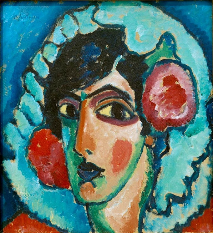 Frau mit schwarzem Haar, hellblauer Spitzenhaube und roten Blüten – Alexej von Jawlensky Manola Kunstkopie