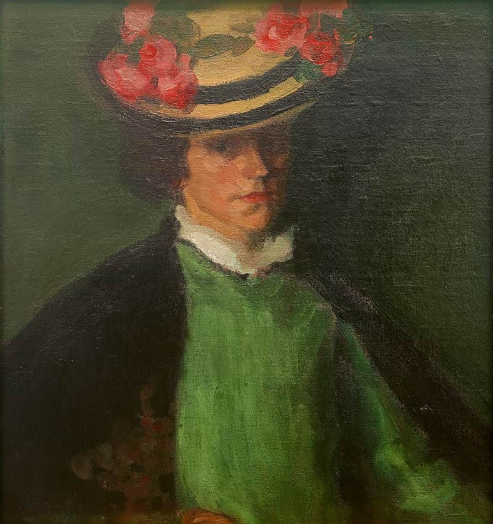 Frau mit Blumenhut, grüner Bluse und dunklem Mantel vor grünem Grund – Alexej von Jawlensky Maria I Kunstkopie