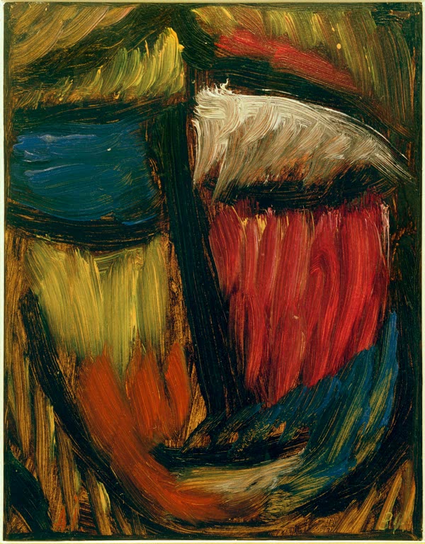 Abstraktes Antlitz in Gelb, Blau, Rot und Schwarz mit pastosen Strichen – Alexej von Jawlensky Meditation N. 30 Kunstkopie